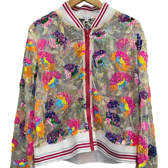 Adore NWT Embroidered Sequin Mesh Bomber Jacket - Size XL - Picture 2 of 4